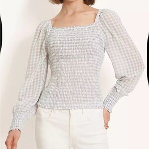 Ann Taylor White and Gray Smocked Blouse